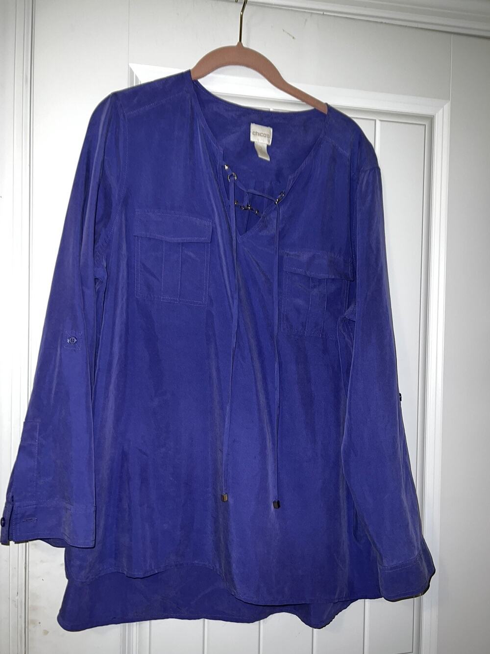 Chico’s royal purple long sleeve tie front sheer blouse womens chicos 2